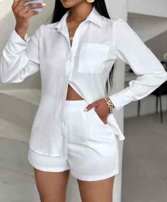 Kissonic Women's 2 Piece Summer Outfit - Button Down Pleated Shirt & High Waisted Shorts With Pockets, Casual Set