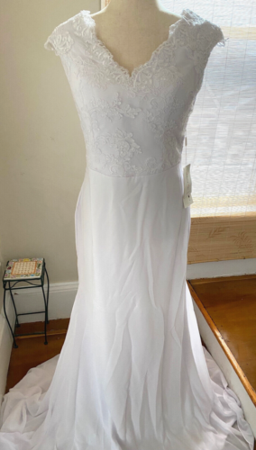 Adoring White Sheath Wedding Dress w/ Top Floral Details & Capped Sleeves, NWT - Picture 1 of 20
