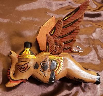 FLYING ELEPHANT HANGER (Lg) (Elephant), Handmade, WOOD, GOLD Multi, 11'', Bali