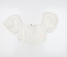 LOAVIES Women's White Cropped Blouse, Size M, Puff Sleeve
