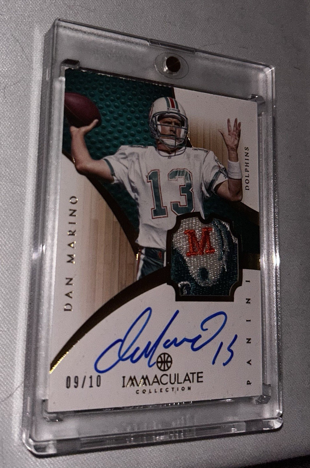 DAN MARINO DOLPHINS GAME USED LOGO PATCH IMMACULATE ON CARD AUTO SP #’d 9/10 ! view 15