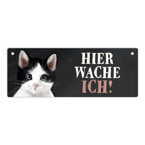 Metallschild Mit Katze Motiv Und Spruch: Hier Wache Ich! TüRschild Wachsschild-image