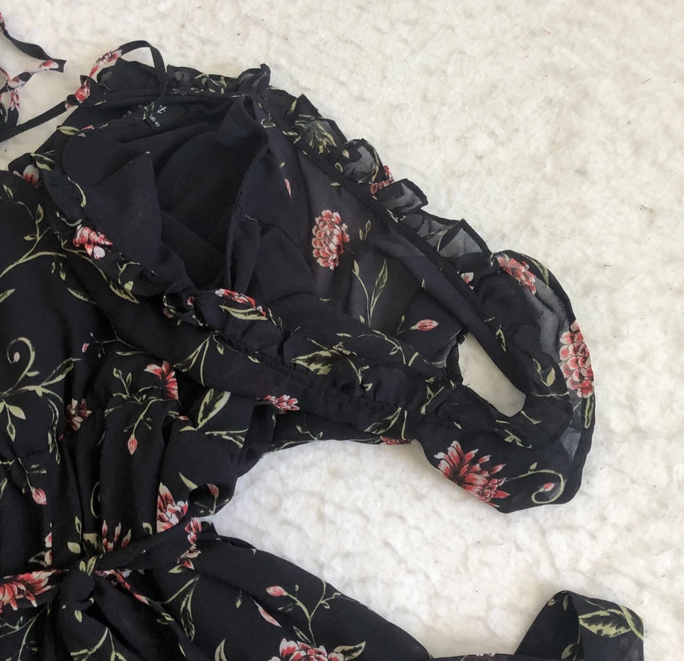 Bardot Womens Romper Sz 8 Black Floral Print Ruffle Tie-Waist Short Sleeve Lined - Image 3 of 4