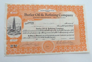TWO 1938 BUTLER OIL & REFINING COMPANY ONE THOUSAND SHARES STOCK CERTIFICATES