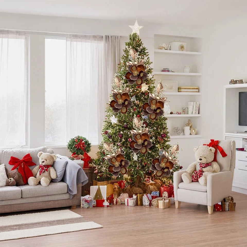 6 Piezas Selecciones de Flores de Navidad Marrón Navidad Brillo Magnolia Flores Elige un... Foto 4 de 4