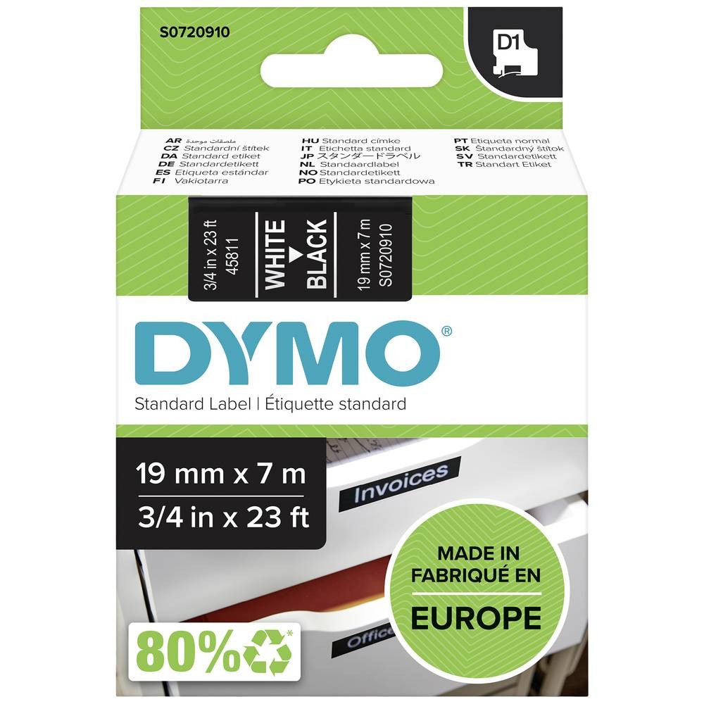 Cassette DYMO D1 45811 blanche sur noir 19 mm ultra résistante