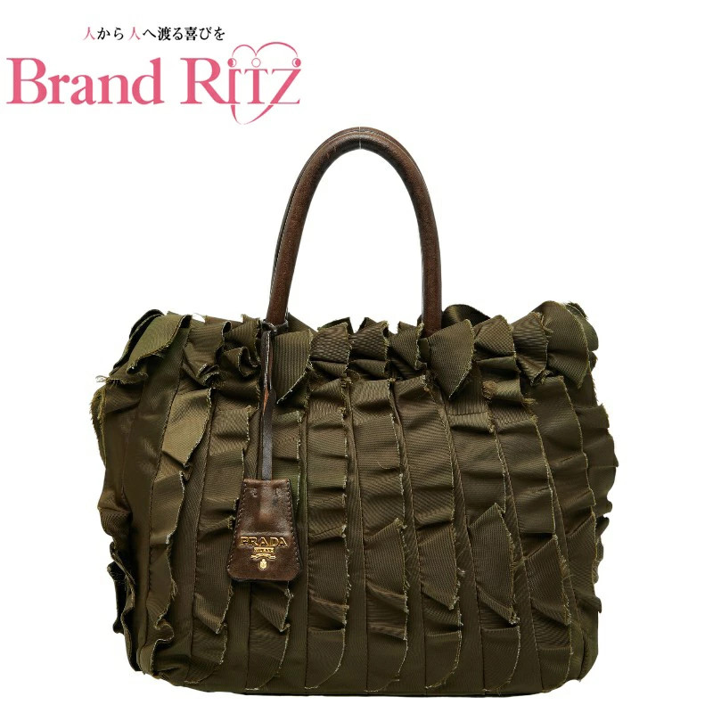 Used Prada Frill Handbag Tote Bag Bn1728 Nylon Leather Ab Khaki Brown Ladies �