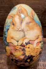 Vintage Paper Mache Easter Egg MEDIUM Germany Bunnies Chicks Candy Container