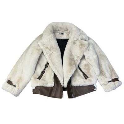 The Kooples Faux Fur/Leather Aviator Bomber Jacket Off-white Women L $675 NEW