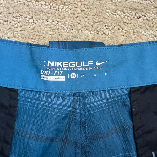 Nike Men's Dri Fit Golf Shorts Teal Blue Plaid Pockets Size 34 w/ 11" Inseam - Picture 2 of 13