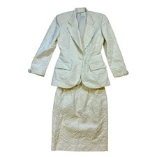 1980s Christian Dior Skirt Suit Textured Cotton Off White Blazer Pencil Skirt