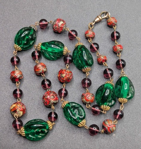 Vintage Venetian Foil Lava Molded Glass Beaded Necklace Antique Victorian Clasp - Picture 12 of 15
