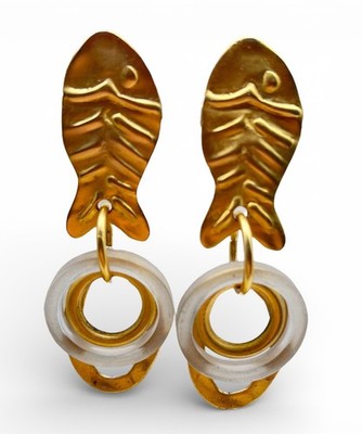 Vintage 80 s Signed Norma Jean Large Dangle Fish Clip Runway Statement Earrings