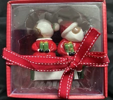 Blue Sky Clayworks African American Santa Mrs Claus Kissing Salt Pepper Shakers