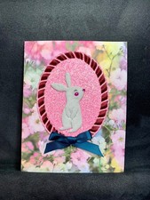 Happy Easter Card Handmade Adorable Bunny Rainbow Flowers Pink Sparkle