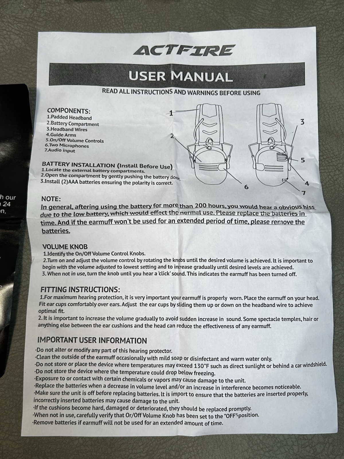 Act Fire Slim Shooter Electronic Ear Muffs NRR 23 dB