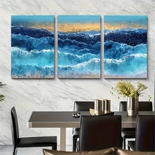 3pcs Blue Seascape Texture Sea Sunset Perfect Wall Art Canvas Framed 50x70cm