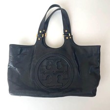TORY BURCH Logo Hand Tote Bag Women Black With mirror Genuine