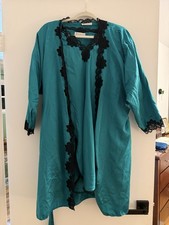 Miss Elaine Womens Nightgown Nightie And Robe Teal Black Lace V-Neck USA S