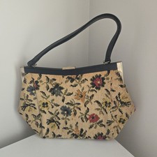 Vintage Floral Tapestry Needlepoint Handbag Purse Cream Black Gold Accent Clasp