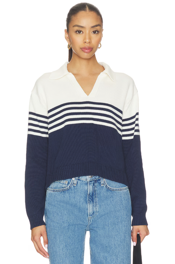 Simkhai Jules Knit Polo Shirt Long Sleeve Organic Cotton Midnight Stripe Small