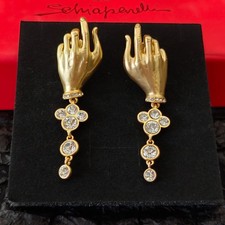 Schiaparelli Vintage Gold Tone Hand Gesture Rhinestone Drop Earrings Runway