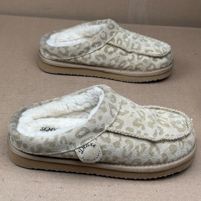 Dluxe by Dearfoams Youth Kids Size 3 Leopard Print Faux Fur Lined Slipper Clogs