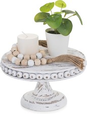 Small Wood Cake Pedestal Stand 8 Inch Rustic Display Riser Plate Beads Edge