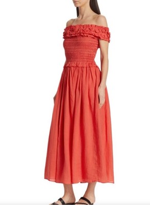 NEW SEA Frida Women s Ruffled Off Shoulder Midi Dress Red- Medium