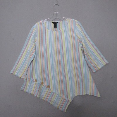Ali Miles Tunic Top Rainbow Stripe Linen Blend Asymmetrical Fray Beach Coastal