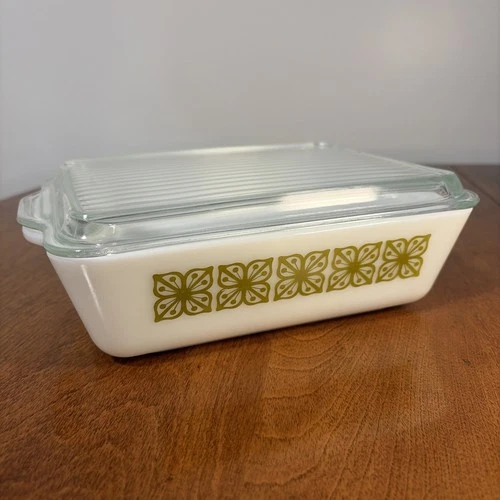 Vintage Pyrex Verde Square Flower 503 Fridge Dish Casserole With Lid