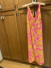 Vintage 1970 Farr West Long Nightgown Bright Pink Yellow Flowers-Sz. Med.