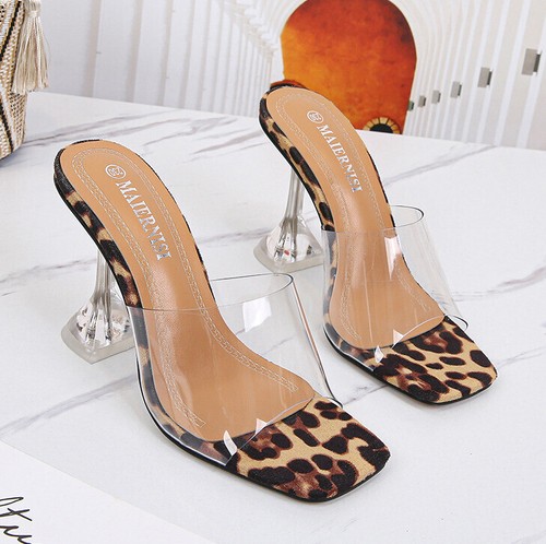 Women Sexy Leopard Transparent OpenToe High Perspex Diamond Heels Sandals Shoes - Picture 9 of 12