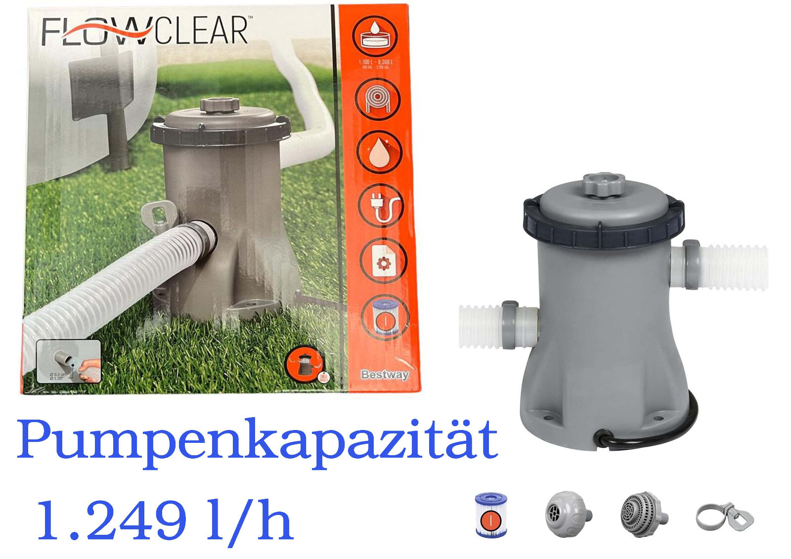 Bomba De Filtro De Piscina Bestway Filtro De Cartucho Limpieza De Piscina 1.249 L/H Hasta 8.300 Litros