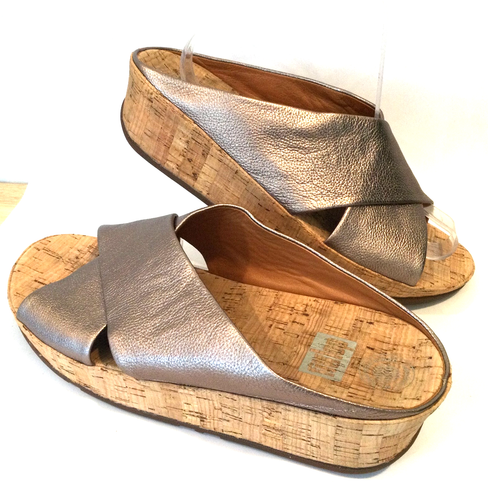 FitFlop Kys Bronze Size 9 Women Leather Crisscross Cork Slide Sandals EU 41 UK 7 - Picture 3 of 10