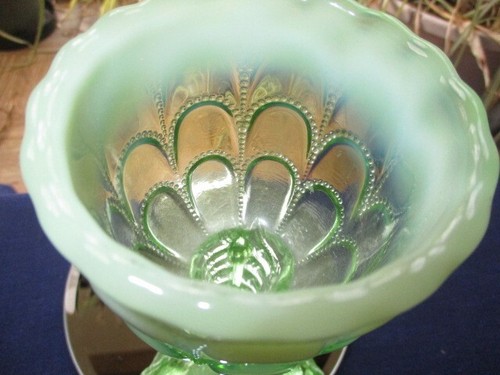 UNIQUE GOBLET EAPG NORTHWOOD GREEN OPALESCENT GLASS BEADS & BARK TWIG TRIO STEM - Picture 2 of 7