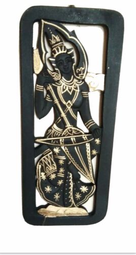 Wood Carved Wall Art Panel Small Black Thai Angel Vintage mandolin Gold trim - Picture 2 of 16