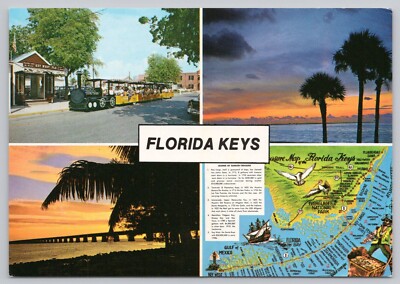 Postcard Florida Keys Multiview, Sunset, Treasure Map, Conch Train Station