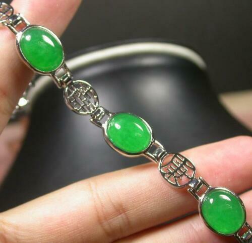 Genuine Green Jade Cabochon 18KGP Fortune Luck Blessing Link Bangle Bracelet - Picture 3 of 5