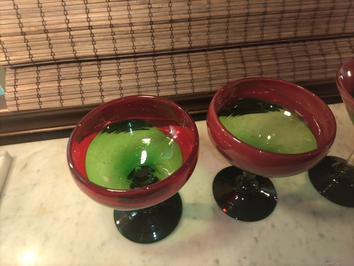 (4) Vintage Hand Blown Cocktail Glasses Thick Art Glass Red & Green Stagger Set - Picture 7 of 24