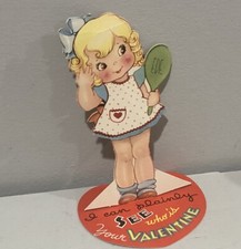 Vintage Valentine Card 30s 40s Carrington Pretty Little Girl Mirror Unused m2