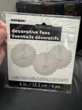 Unique White 6" Hanging Paper Fan Party Supply Decorations 3ct New!!!