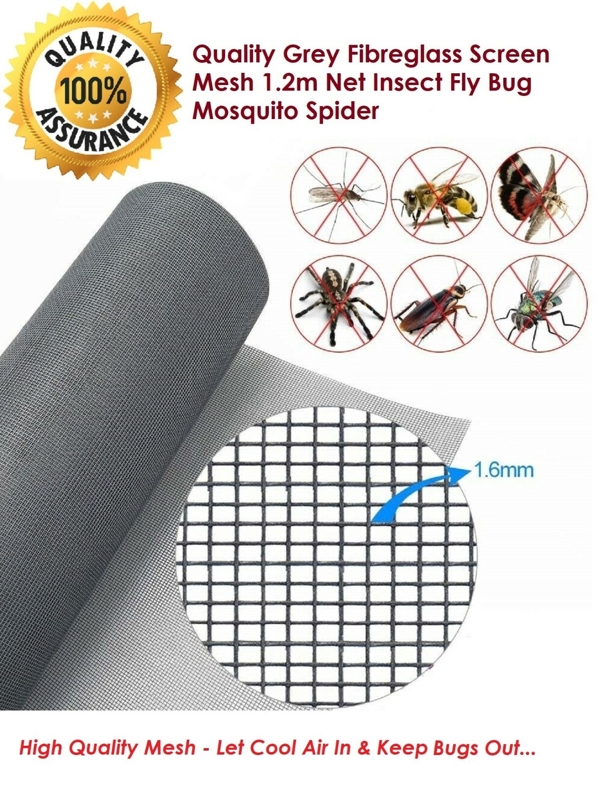 Quality Grey Fibreglass Screen Mesh 1.2m Net Insect Fly Bug Mosquito Spider