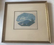 Vintage 1954 Art Print Signed Tim Taylor Framed Blue Mountains Church Sky Trees