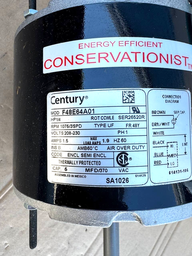 Century SA1026 F48E64A01 1/4 HP 208-230V Electric Motor 1075RPM/3Speed - Picture 2 of 7