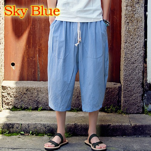 Herren Baumwolle Leinen Hiphop Haremshose Hose weites Bein Baggy lässig lose Shorts - Bild 14 von 42