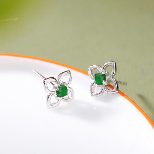 F02 Orecchini Fiore Piccolo Fiore con Verde Giada Argento Sterling 925 Orecchini - Foto 2 di 2