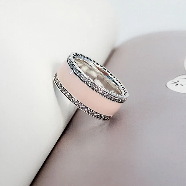 Nuevo Anillo 100% Auténtico Plata 925 Corazones de Esmalte Rosa Talla 6 7 7.5 8.5 Foto 2 de 4