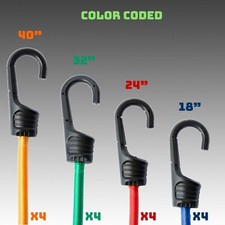 16PK Bungee Cords Assortment - Premium Quality with Plastic Coated Metal Hooks