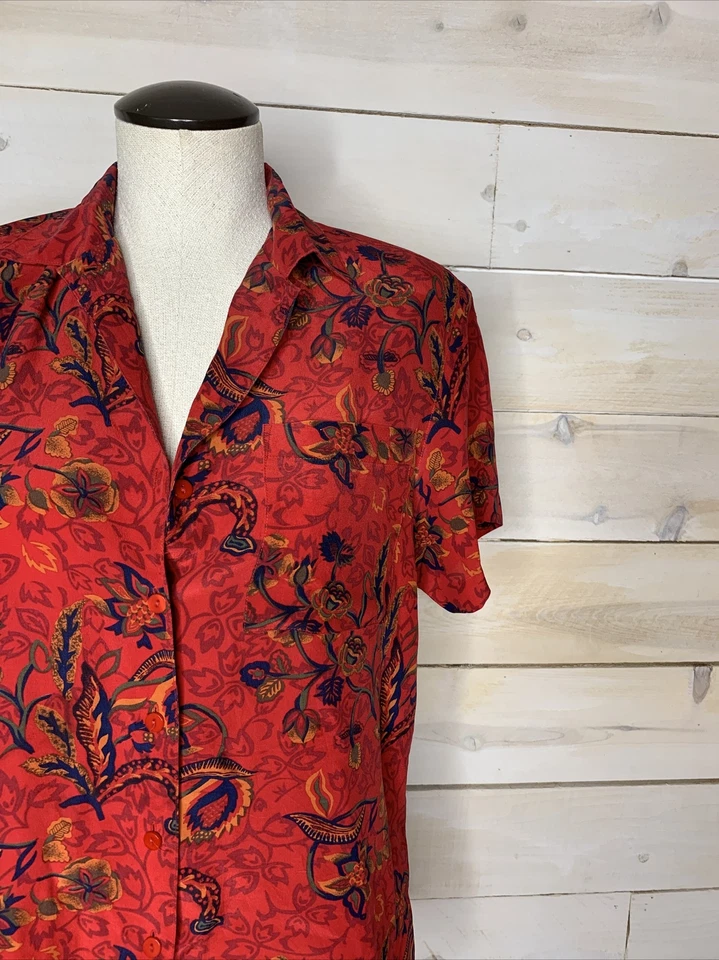 Винтажный 100% шелк рубашка на пуговицах гавайский красный цветочный sz 4P - Изображение 2 из 4